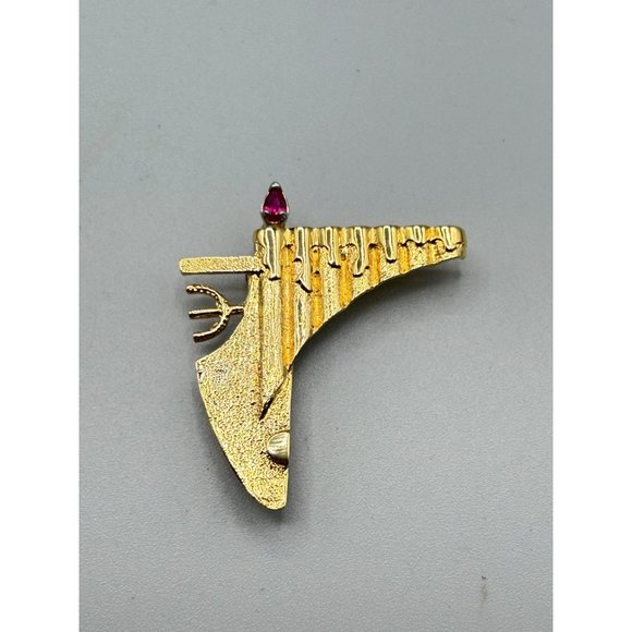 Vintage Menorah Pin Brooch Gold over Sterling Silver with Ruby Flame Modernist - Picture 2 of 11